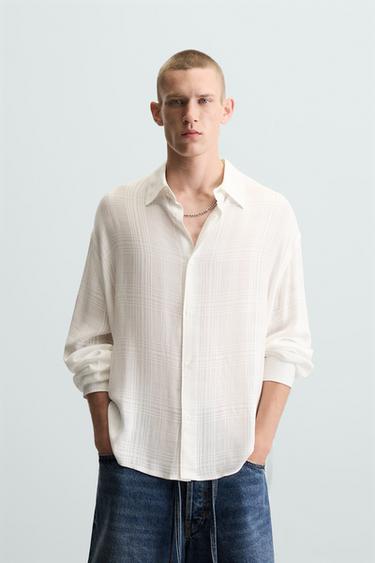 Zara CHECKERED JACQUARD SHIRT - Oyster-white