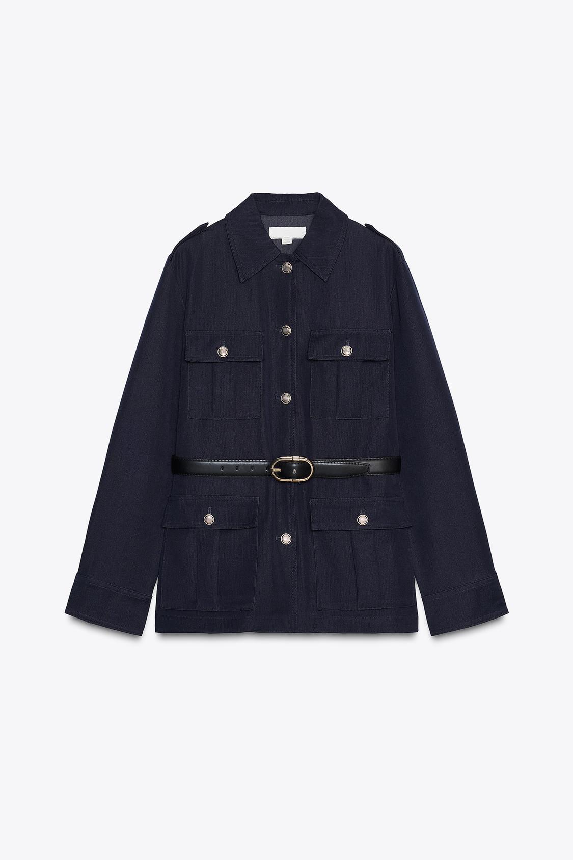 Front view of a navy jacket featuring a shirt collar, patch pockets with flaps, a black belt, and front buttons.