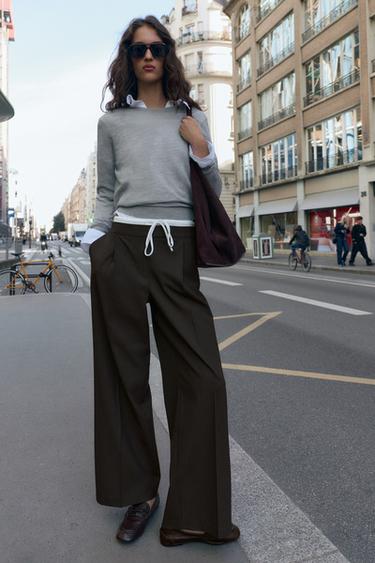 PANTALON LARGE À DOUBLE TAILLE - Brown Stripes de Zara - Image 4