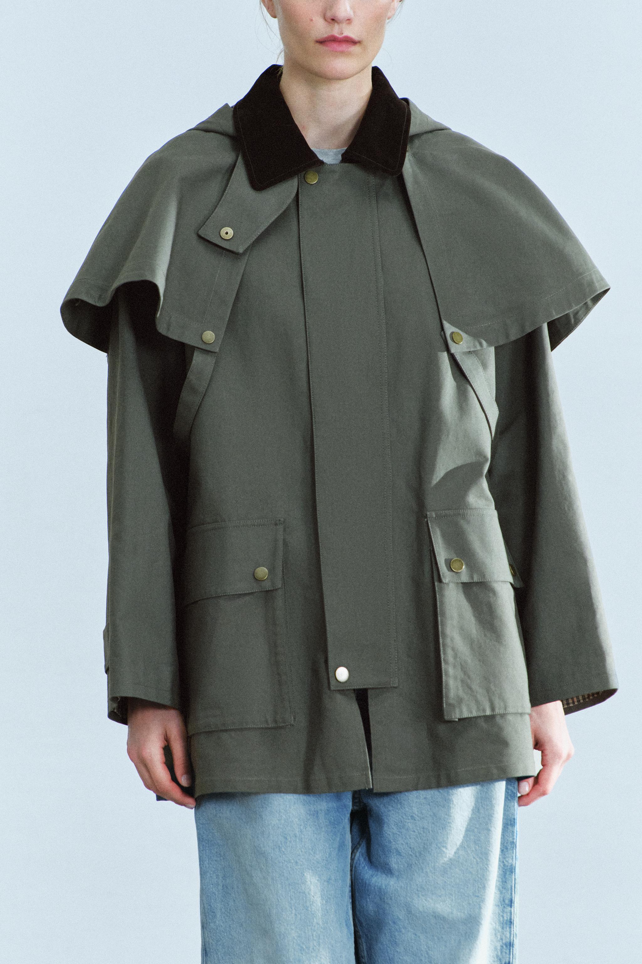 Zara ZW COLLECTION KONTRAST YAKALI KAPÜŞONLU TRENÇKOT görsel 7