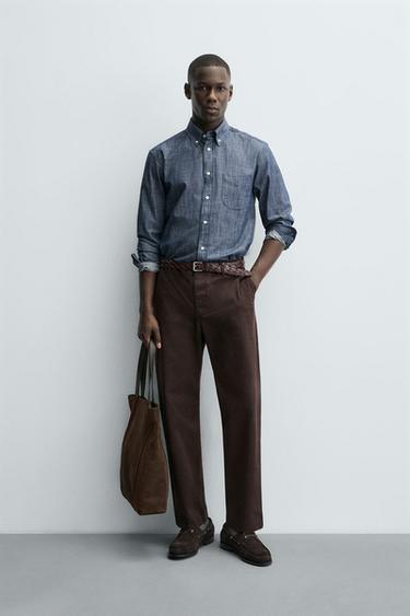 STRAIGHT-LEG TWILL TROUSERS - Brown by Zara