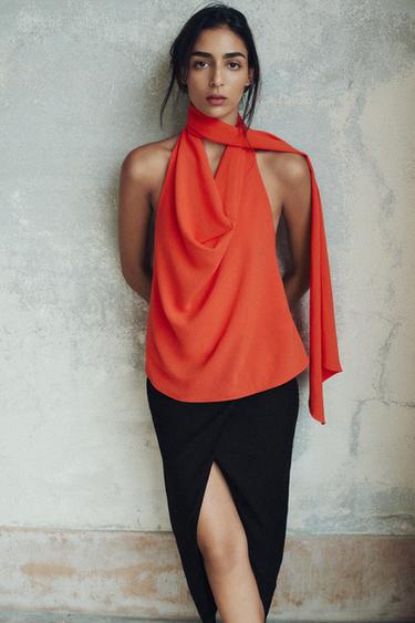Zaras RYMLIG DRAPERAD TOPP - Korall