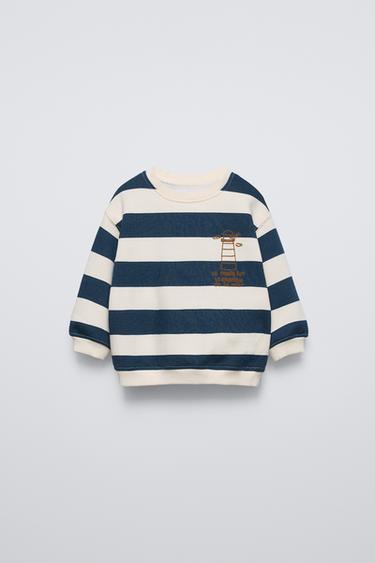 MOLETOM LISTRADO COM MENSAGEM FLOCKED - Cru / Azul da Zara - Imagem 0