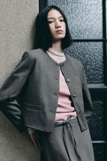 Zara 圓領短版西裝外套 - 灰色
