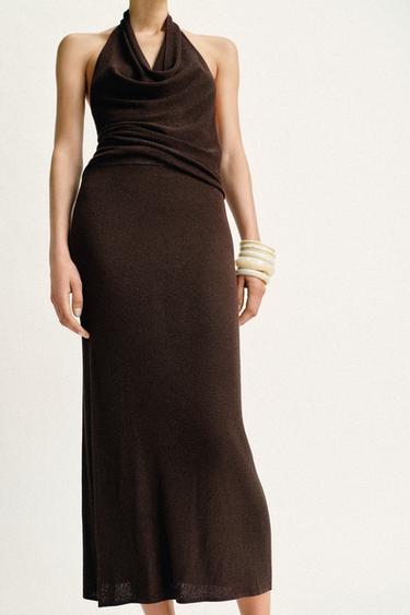 JUPE MI-LONGUE EN MAILLE CÔTELÉE À FIL MÉTALLISÉ - Marron de Zara - Image 3