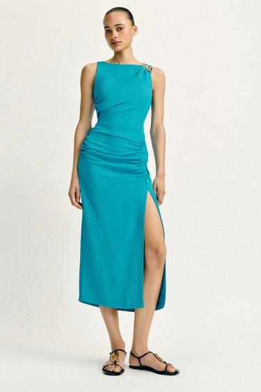 DRAPED MIDI DRESS WITH GOLD APPLIQUÉ - Turquoise by Zara
