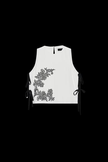 Zara FLORAL EMBROIDERED TIE TOP - Ecru - Image 0