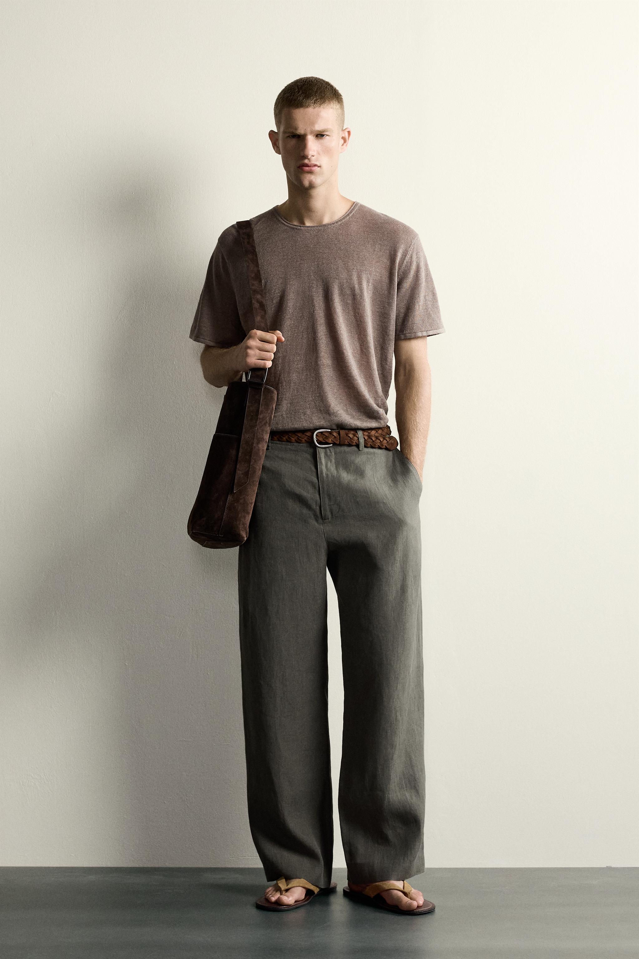 100% LINEN RELAXED FIT KNIT T-SHIRT - Brown / Taupe | ZARA Georgia