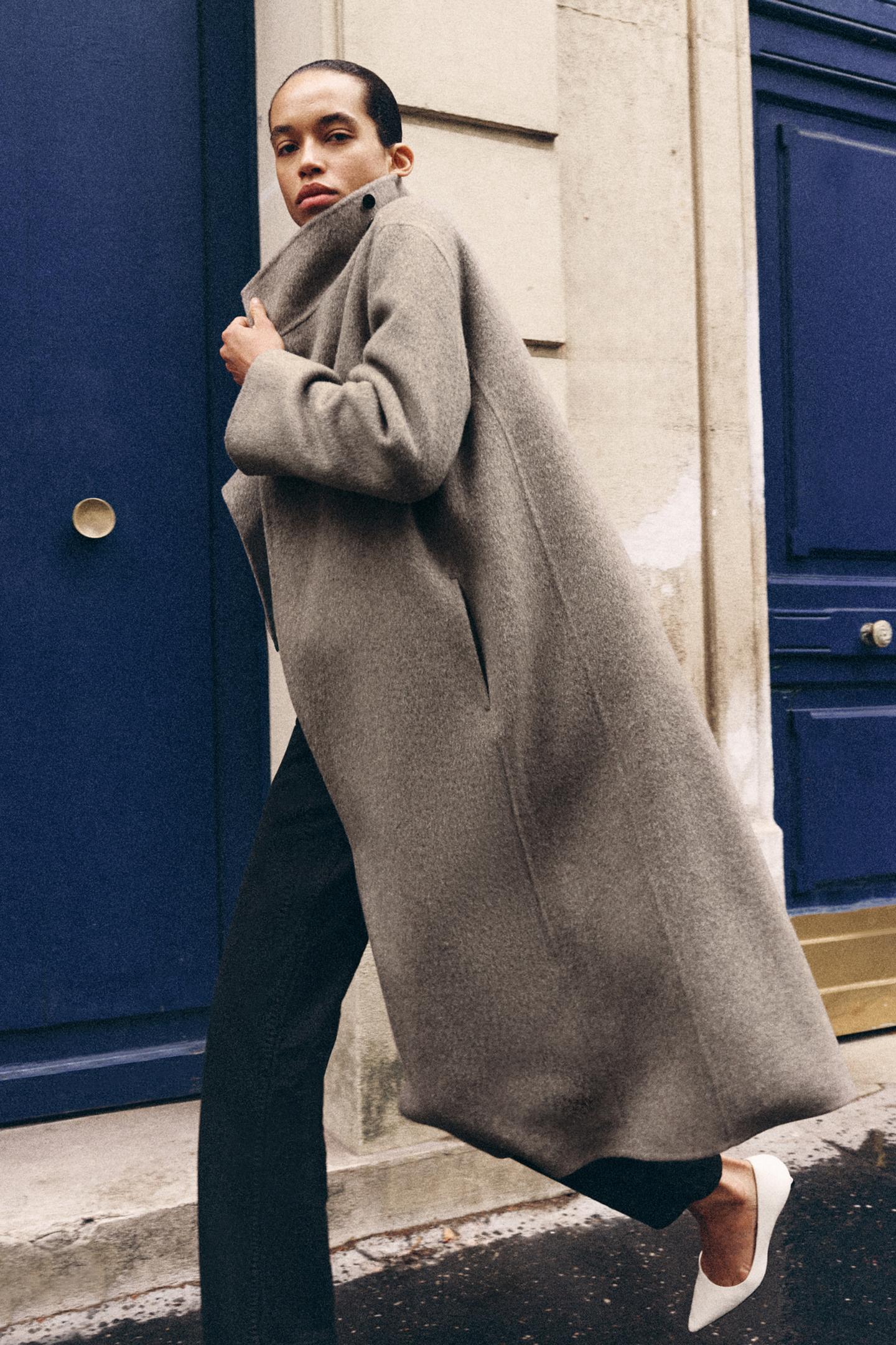 Женское пальто Zara ZW Collection Long Wool-Blend, цвет: Серый меланжевый — фото 5