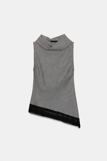 ASYMMETRIC HOUNDSTOOTH HEM LACE TOP - Black / Ecru by Zara - Image 6