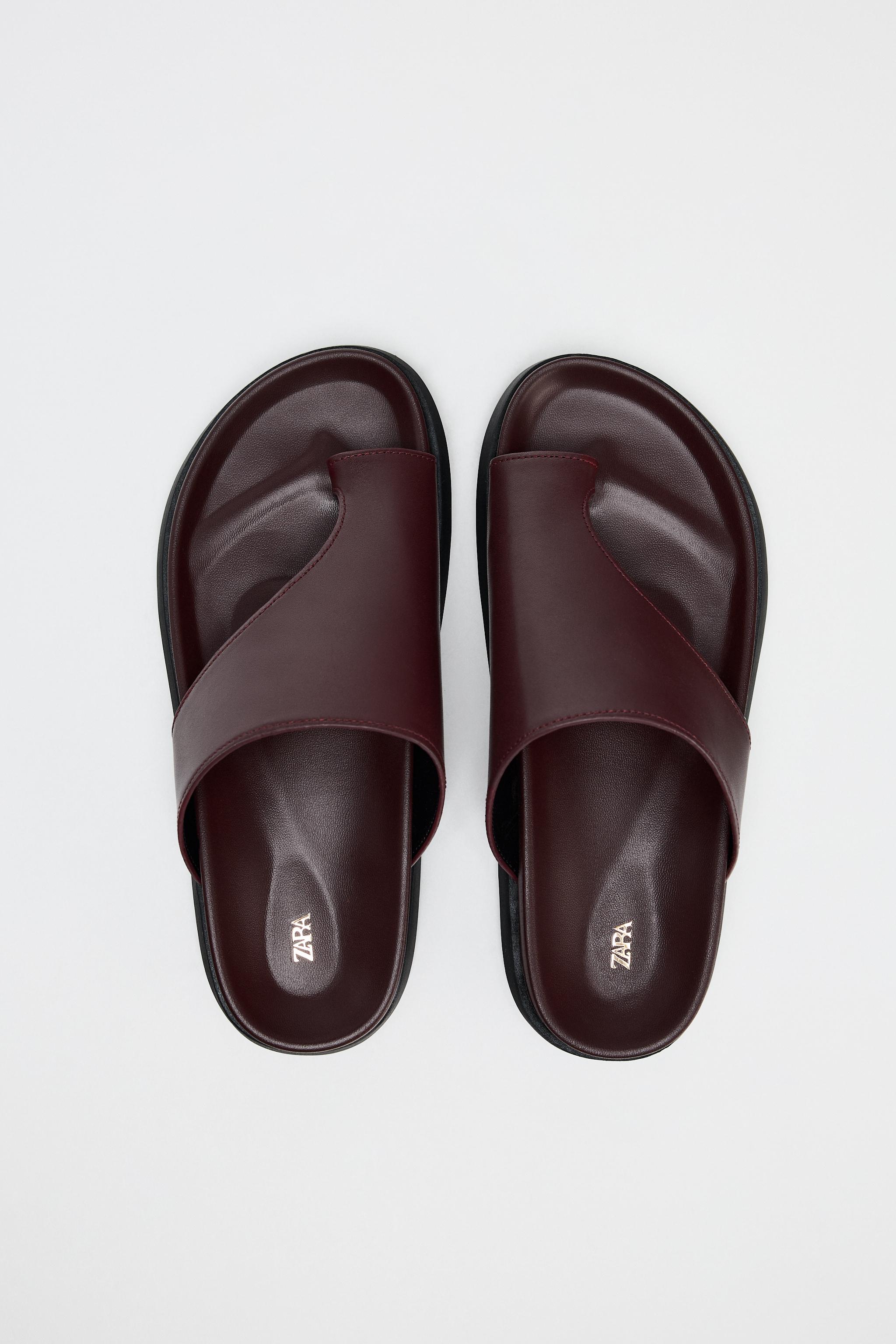 ZARA フラット レザー スライドサンダル 1604/510 フラット レザー スライドサンダル - バーガンディ | ZARA Japan