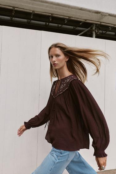EMBROIDERED BLOUSE WITH BEADING - Aubergine by Zara - Image 1