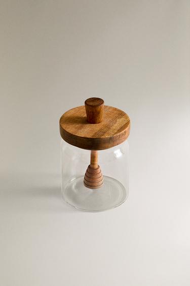 BOROSILICATE GLASS HONEY POT WITH WOODEN LID — Light beige 2