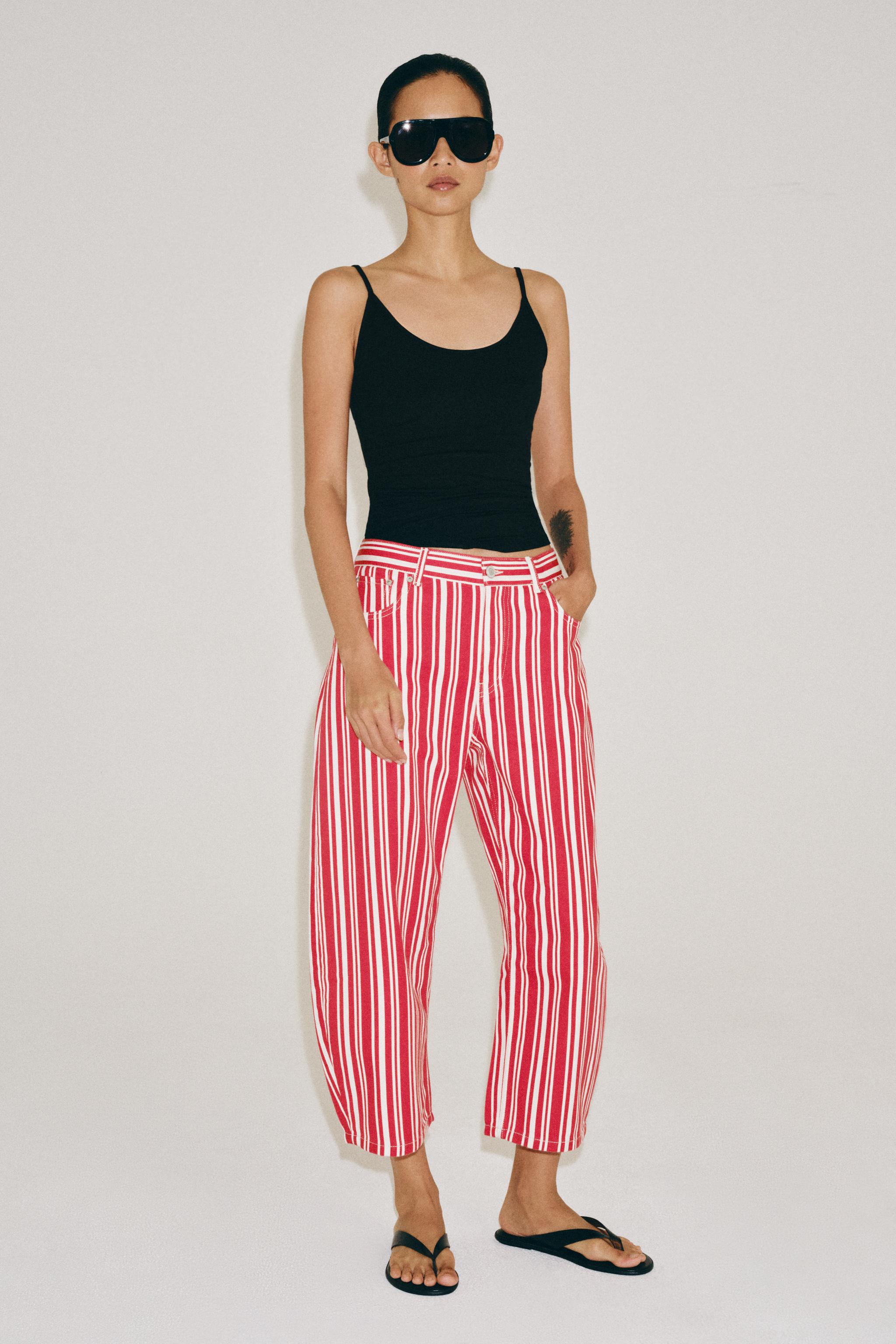capri アセトン ZW COLLECTION MID-WAIST STRIPED BALLOON CAPRI JEANS - White / Red