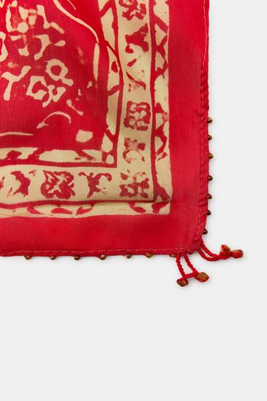 BEADED SILK PRINT SCARF - Red by Zara - Image 4