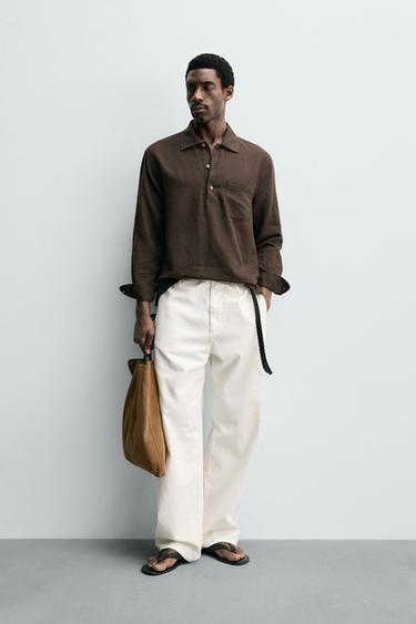 CAMISA POLO LINO - ALGODÓN - Marrón de Zara - Imagen 0