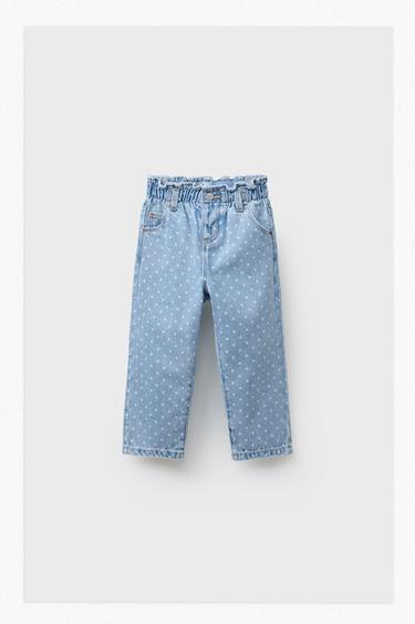 PANTALÓN DENIM PAPERBAG TOPOS - Azul medio de Zara