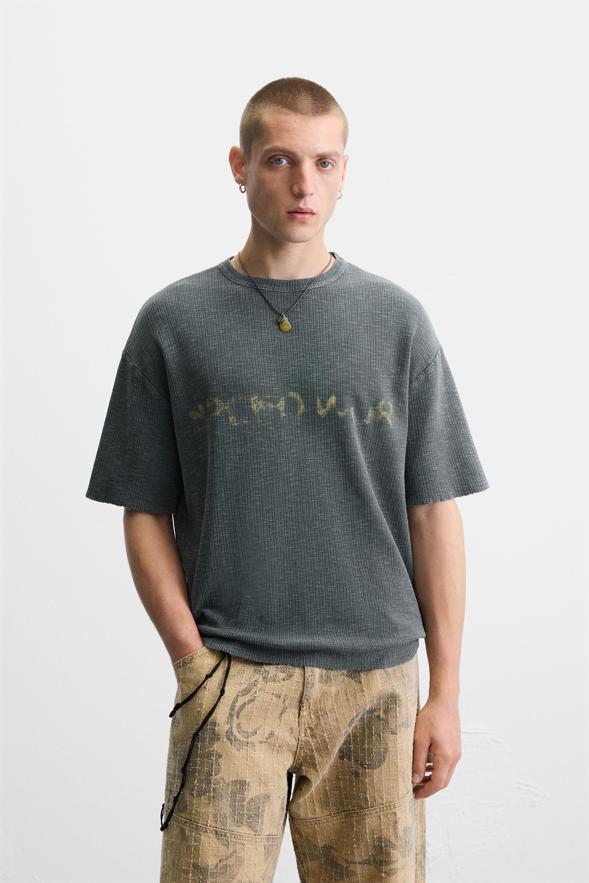 ★ドイツ発*ZARA*ウォッシュ加工ラグランブロックニットTシャツ ウォッシュ加工パッチ付きTシャツ - ダークアンソラジット