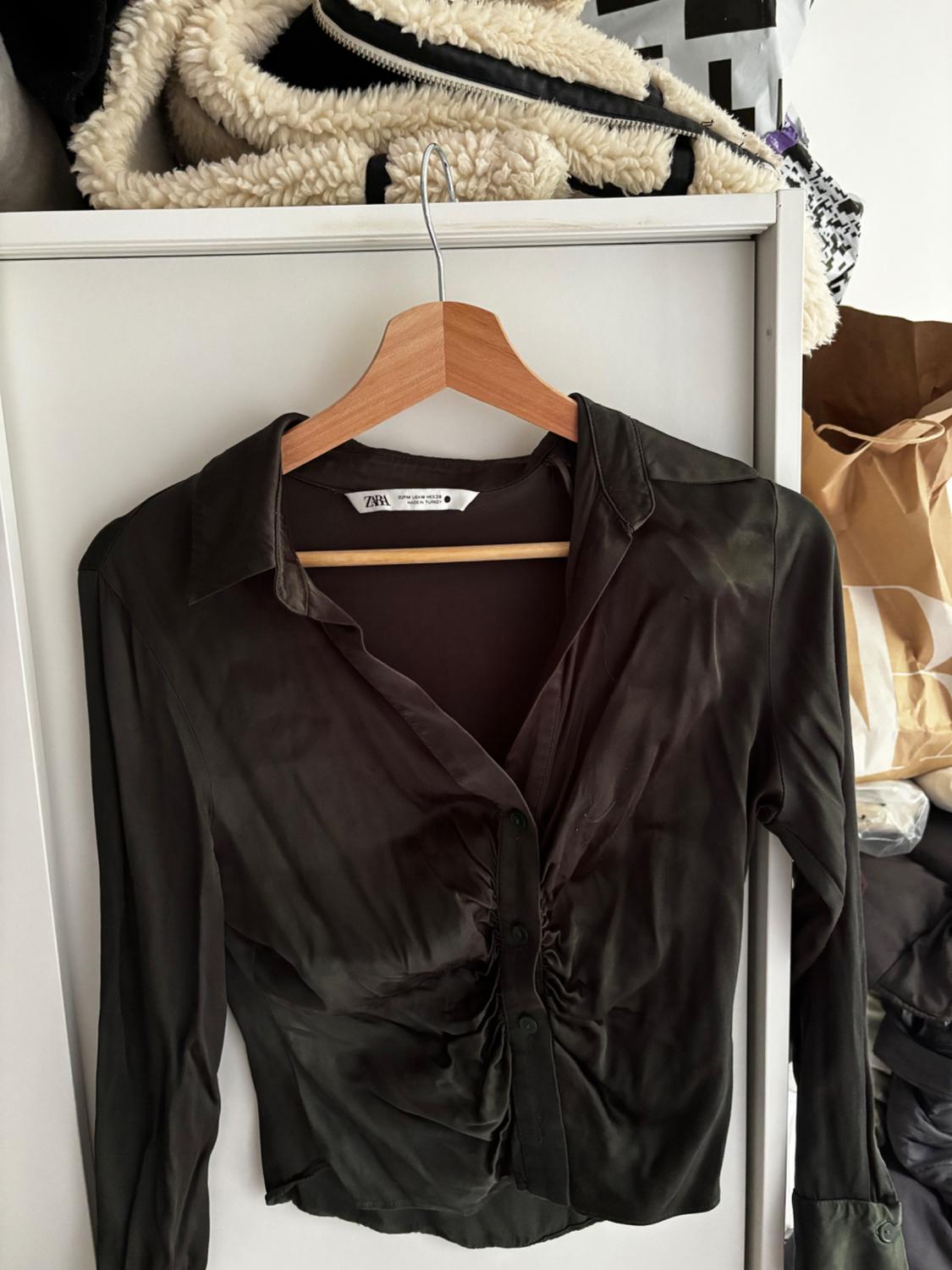 Dark long-sleeved blouse with front ruching on a wooden hanger in front of a white wardrobe. Casual setting. ZARA text on the label.