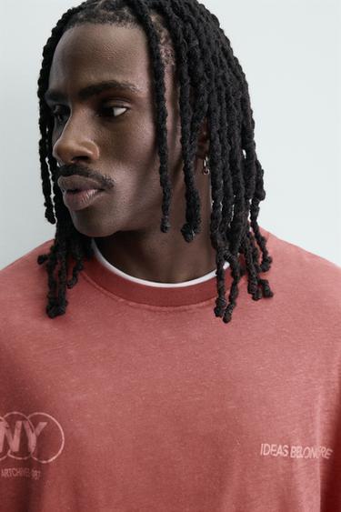 RELAXED FIT COTTON/LINEN TEXT T-SHIRT - Red by Zara - Image 4