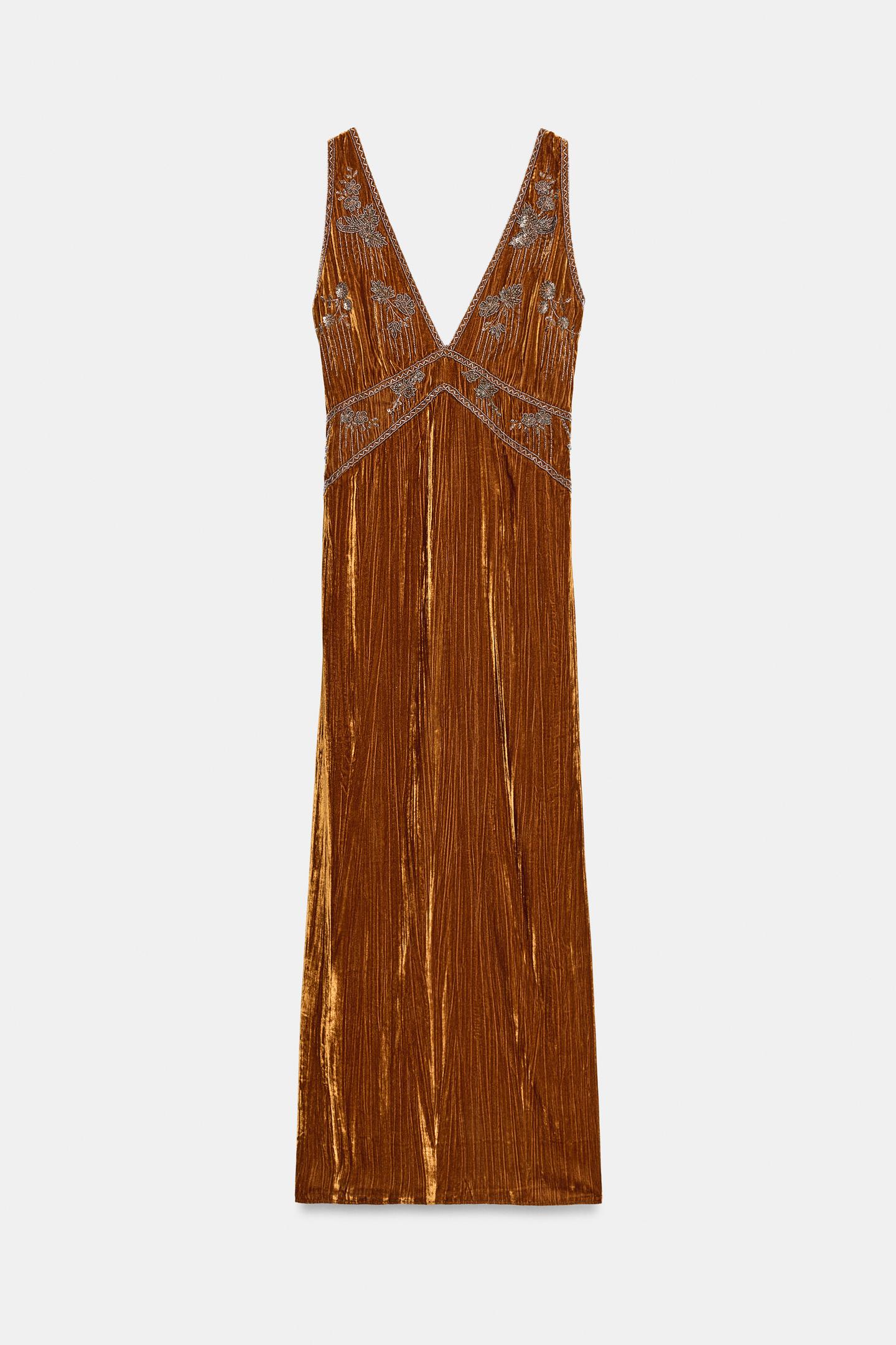 Женское платье Zara ZW Collection Velvet Beaded, цвет: Оранжевый — фото 6
