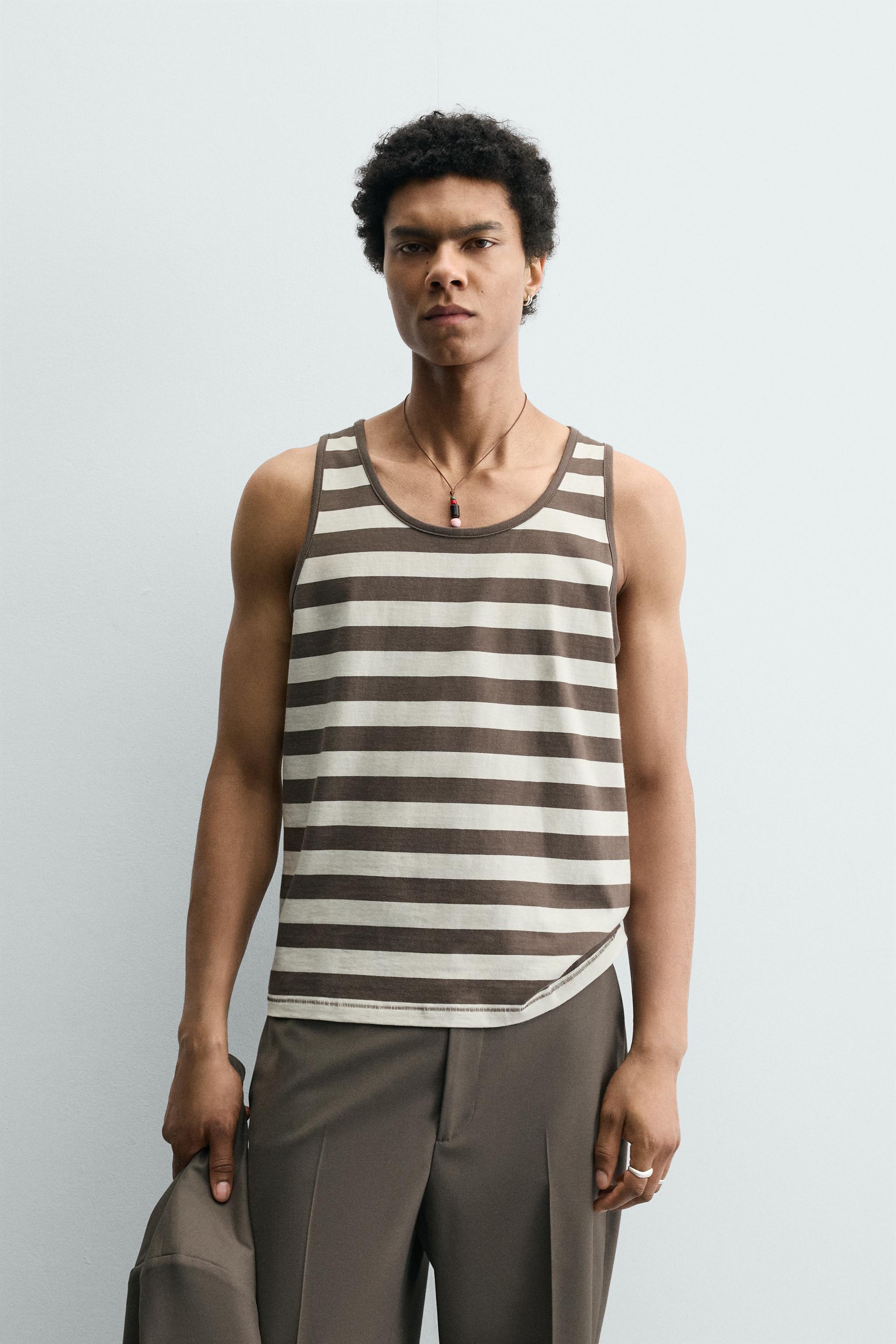 タンクトップ Stripe tank top  &amp;  wide pants TANK T-SHIRT WITH CONTRAST TOPSTITCHING - Oyster-white | ZARA