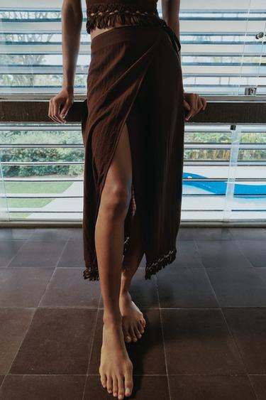 FRINGED PAREO MIDI SKIRT - Brown by Zara
