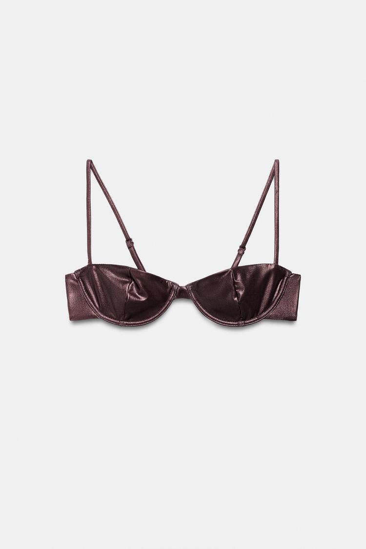 METALLIC EFFECT UNDERWIRE BIKINI TOP — Brown