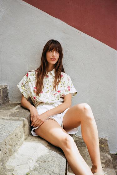 FLORAL PRINT SHIRT WITH CUTWORK EMBROIDERY - Ecru / Red by Zara - Image 2