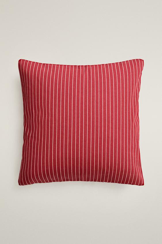 Zara Striped Cotton Throw Pillow Cover Katharine Pole, цвет: Экрю / Красный
