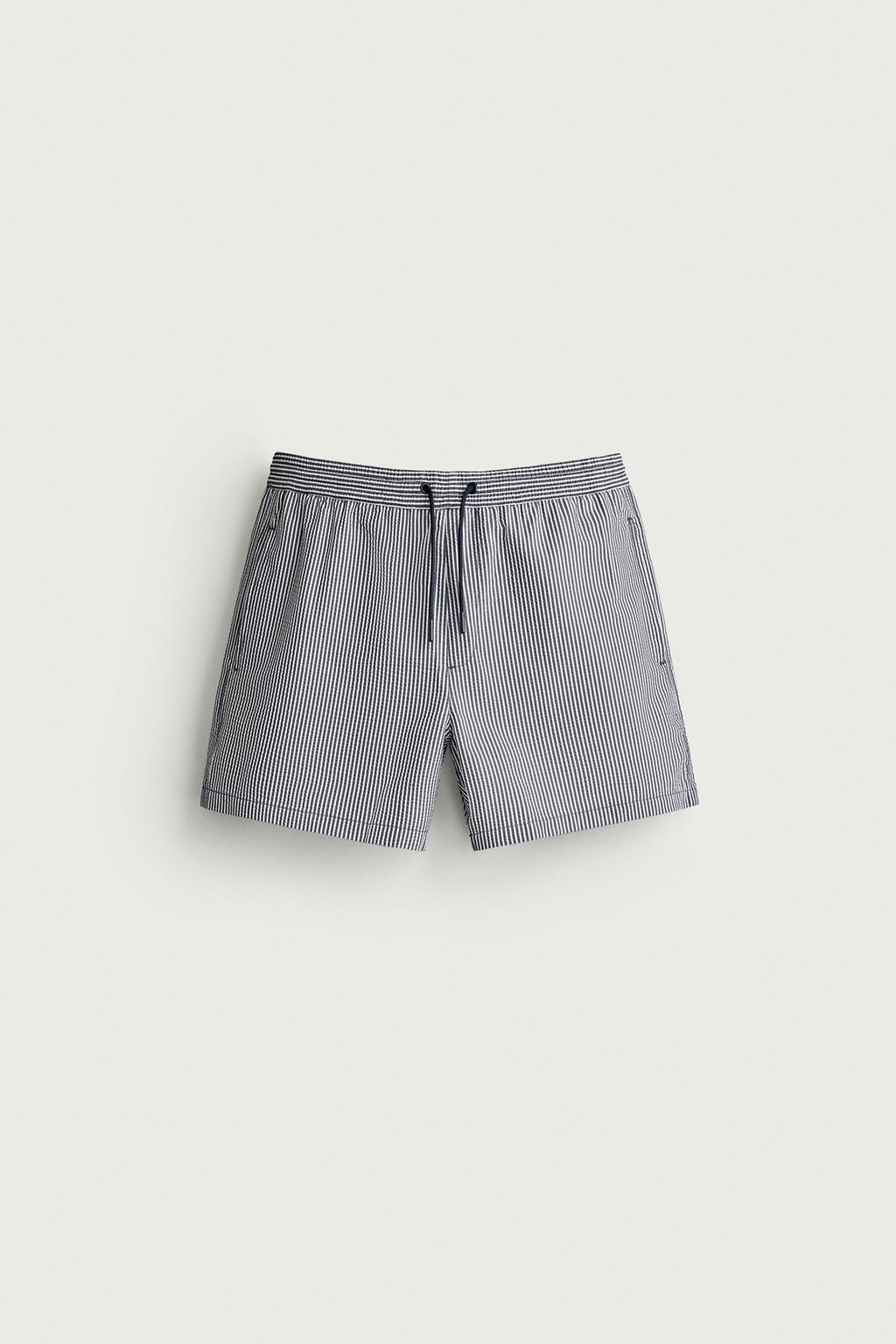 MID-LENGTH SEERSUCKER SWIMMING TRUNKS