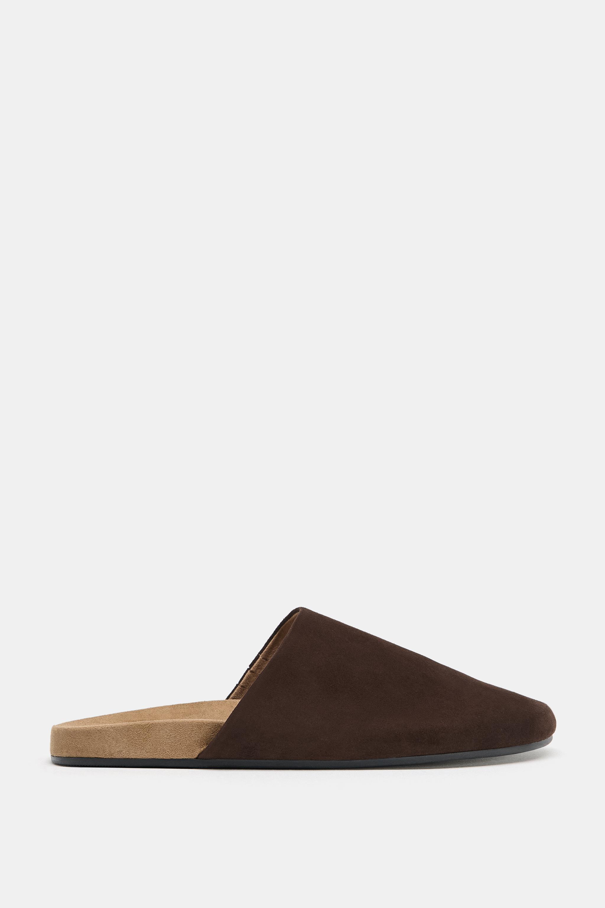 FLAT LEATHER MULES — Chocolate Brown