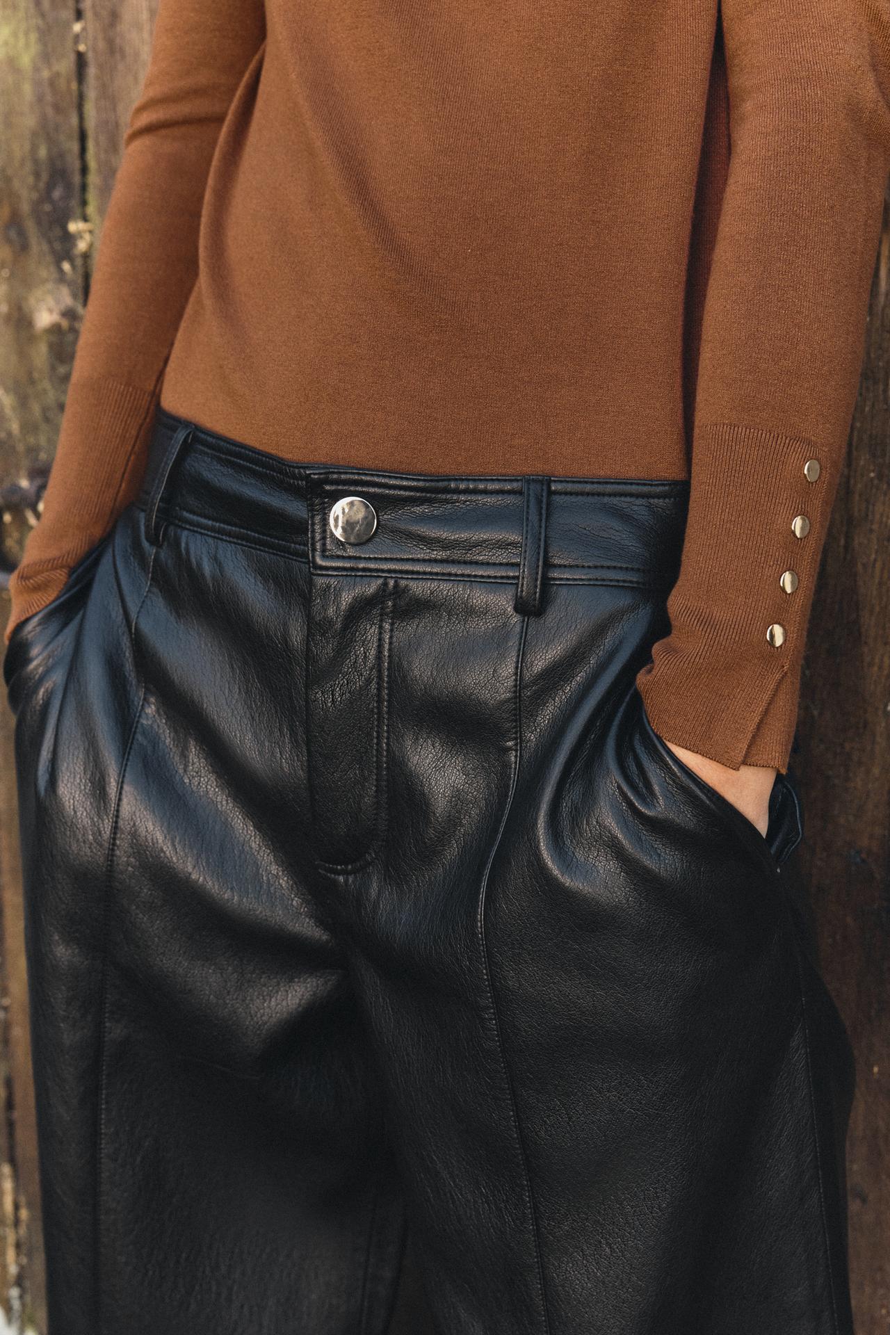 FAUX-LEATHER STRAIGHT PANTS — Black