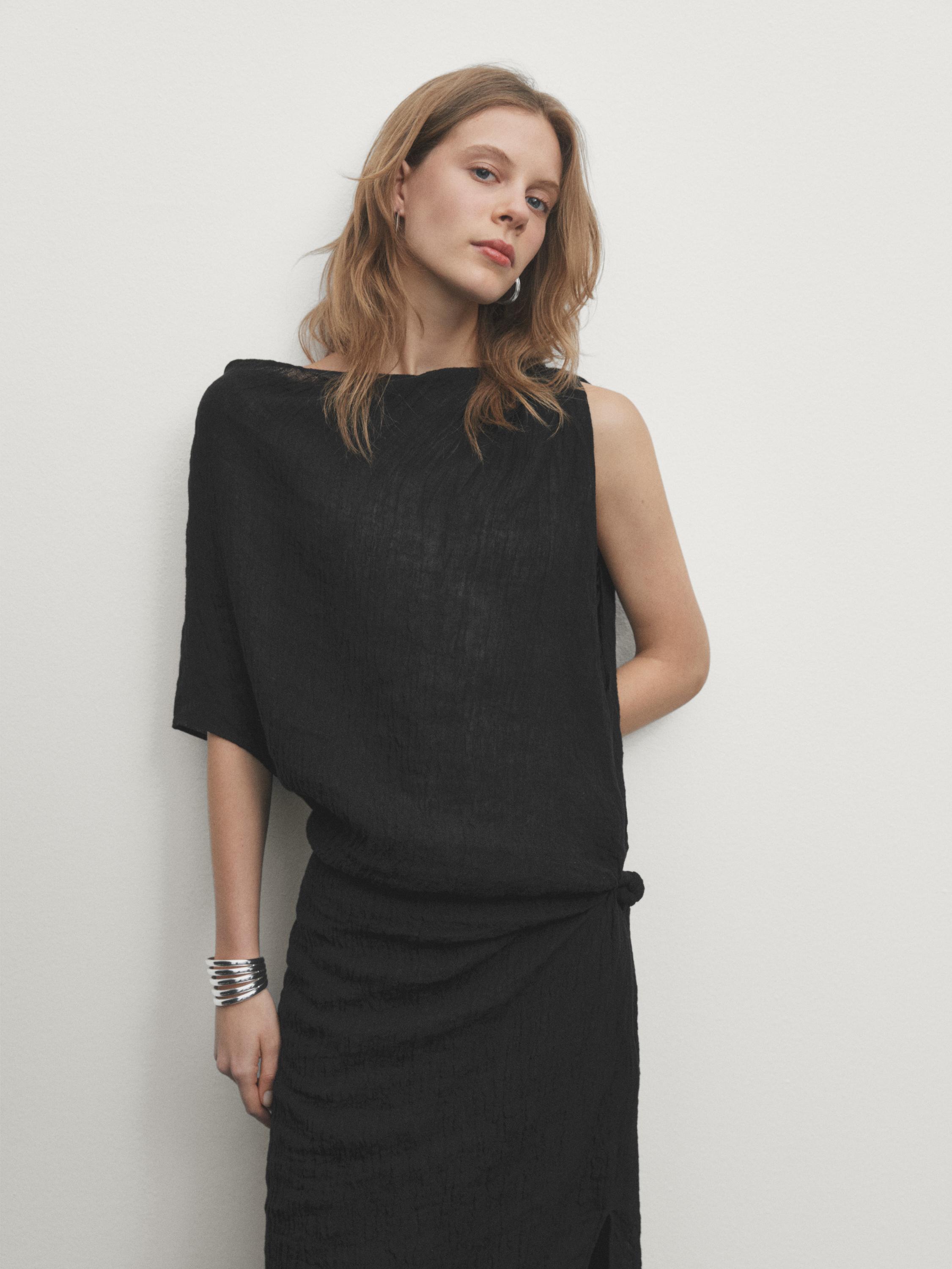 Linen midi dress with asymmetric neckline - Black | ZARA United States