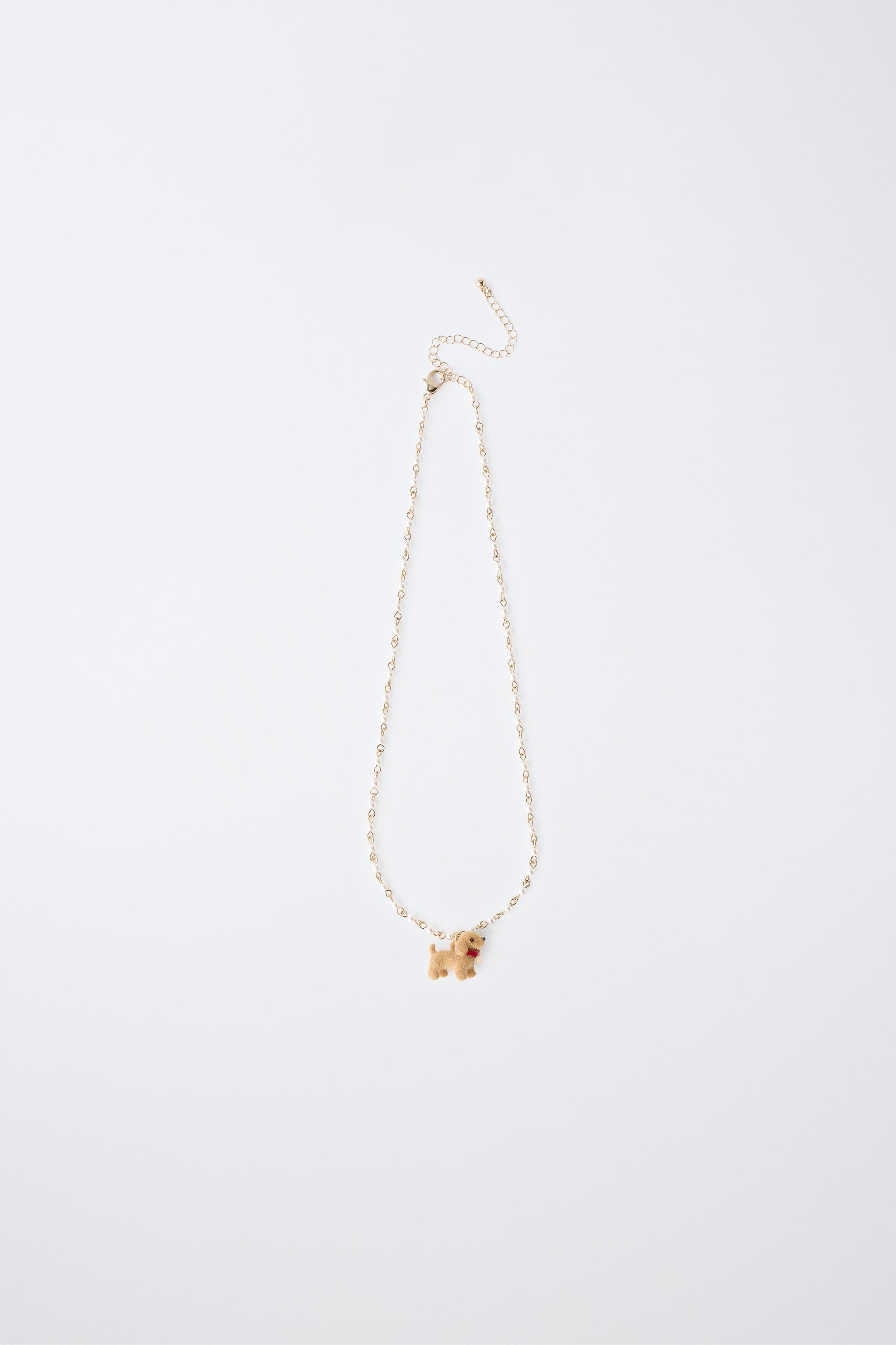PEARL AND FLOCKED PUPPY NECKLACE — Brown