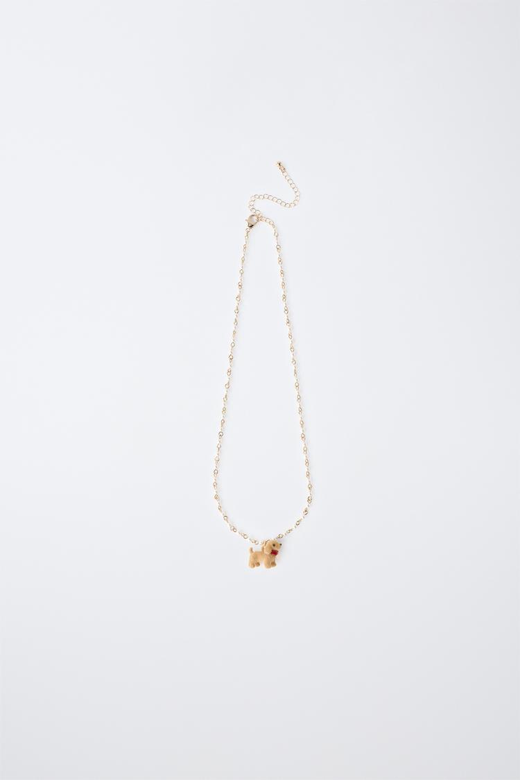 PEARL AND FLOCKED PUPPY NECKLACE — Brown