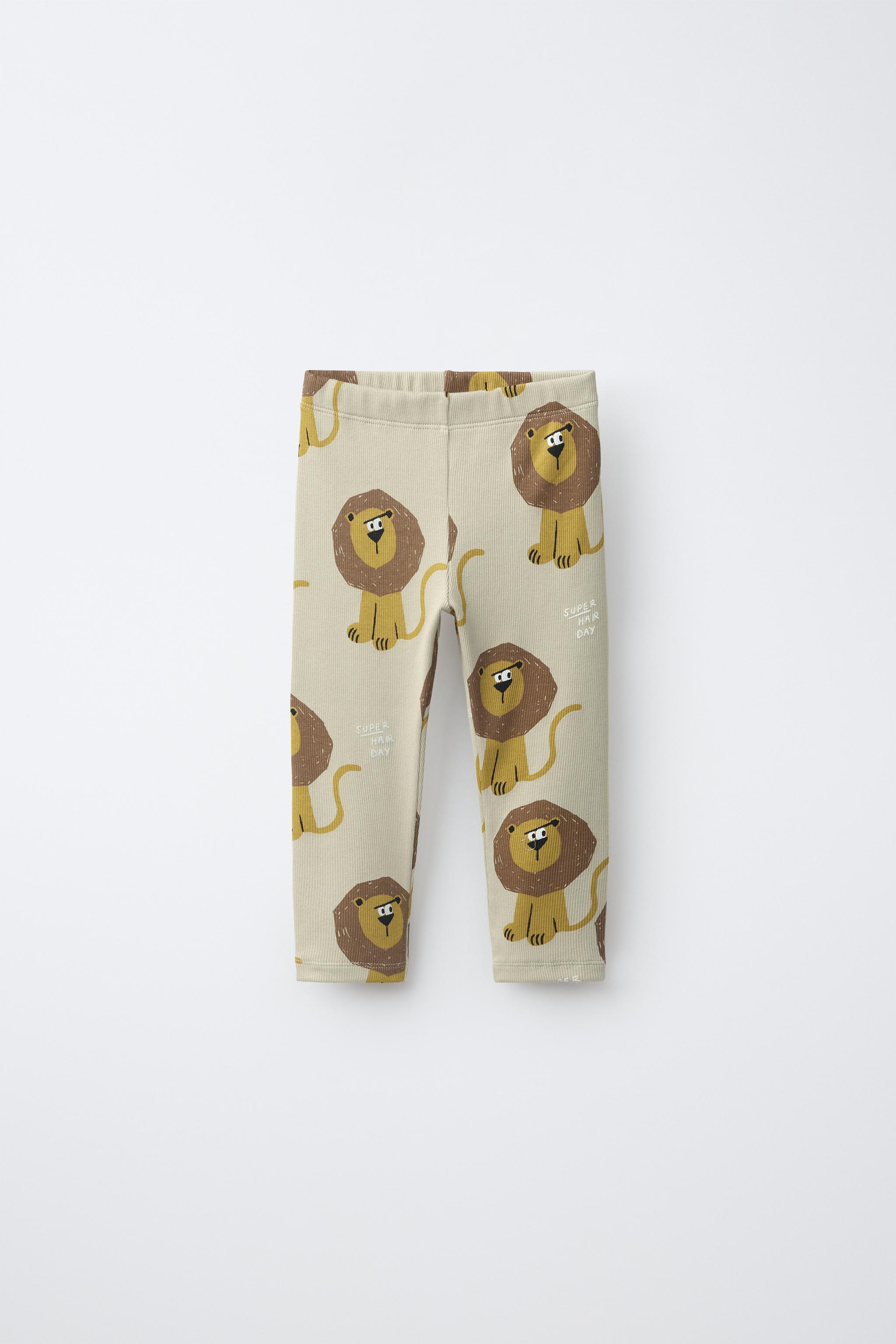 LION PRINT RIBBED LEGGINGS — Light beige