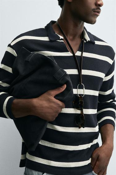 STRIPED JACQUARD POLO SHIRT - Navy blue by Zara - Image 4