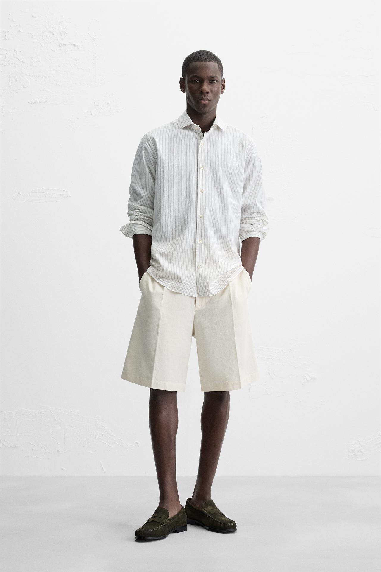 STRIPED TEXTURED SHIRT - White / Green by Zara