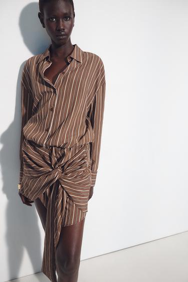 Zara TIED SHORT DRESS - Brown-Blue
