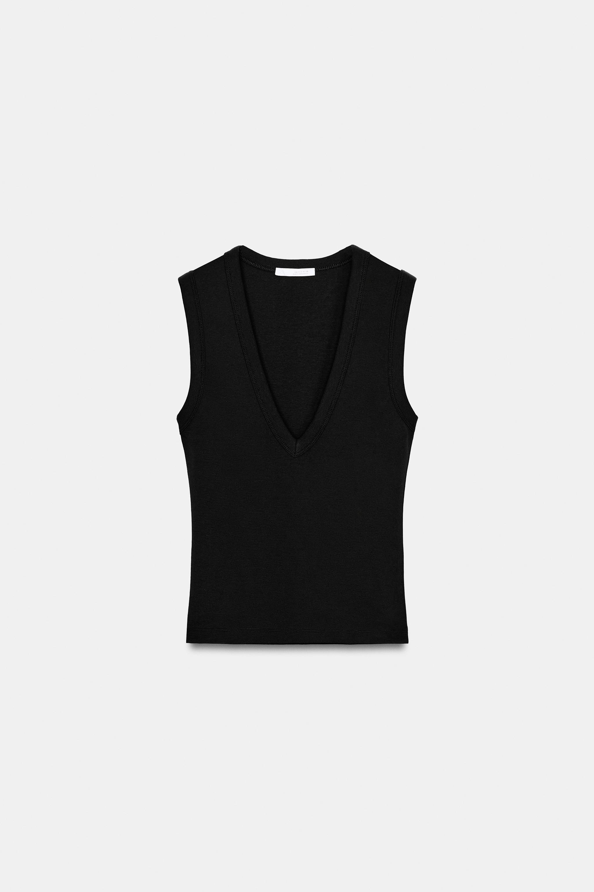 COTTON V-NECK TANK TOP — Black