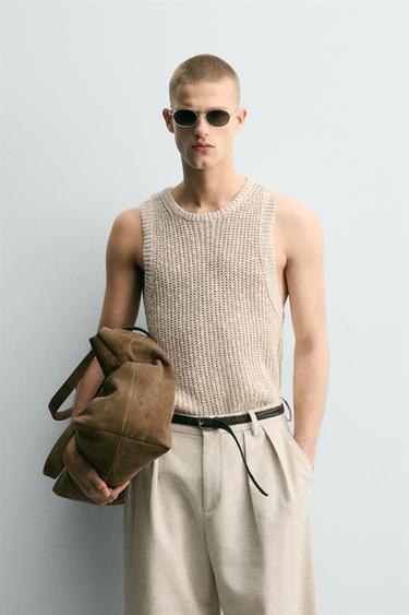 TEXTURED COTTON - LINEN KNIT TANK TOP - Light beige by Zara