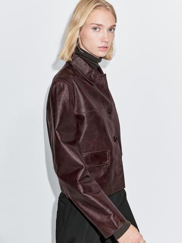 Zara Cropped nappa leather jacket - Burgundy - Image 0