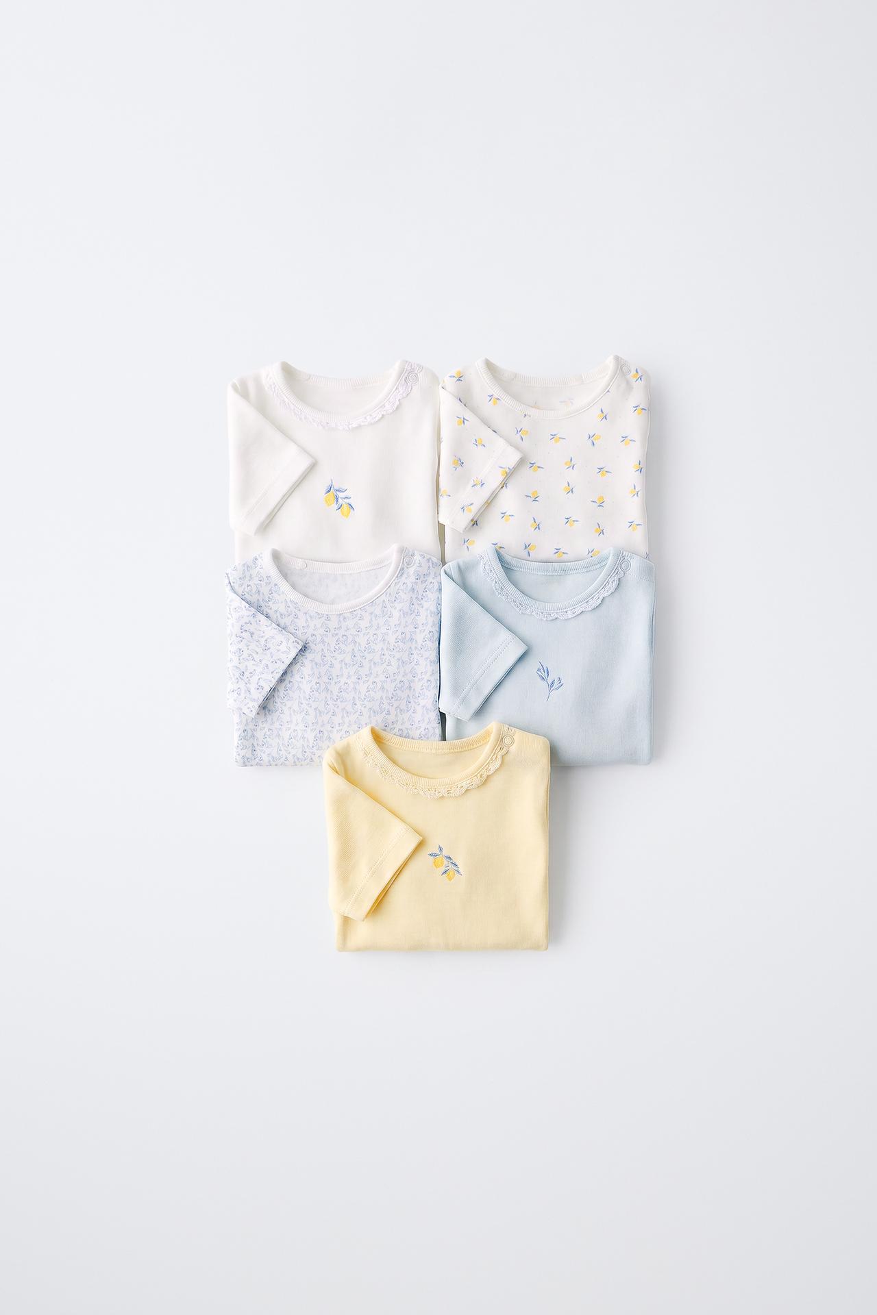 FIVE-PACK LEMON SHORT SLEEVE BODYSUITS — Blue / White
