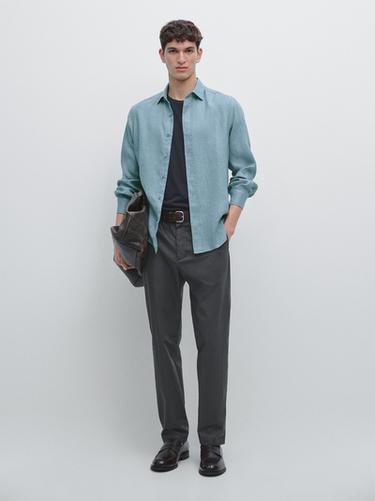 Camisa slim fit 100% lino - Azul pato de Zara - Imagen 0