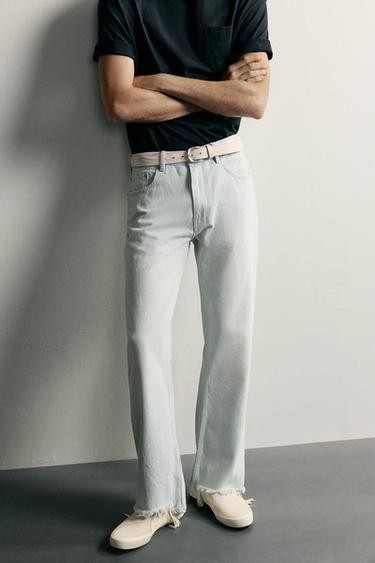 Zara WASHED STRIPED FLARE TROUSERS - Faded sky blue