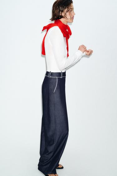 WIDE-LEG TROUSERS WITH CONTRASTING TRIM - Indigo by Zara - Image 4