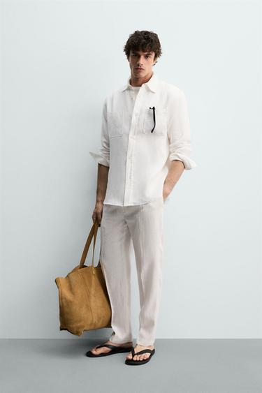100% LINEN REGULAR FIT TROUSERS - White by Zara