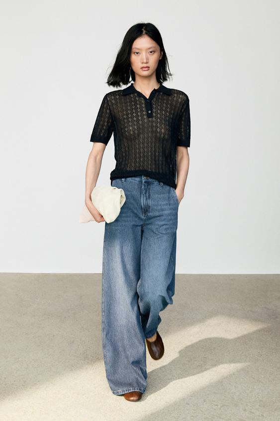 Zara Open-knit polo sweater - Navy blue - Image 0