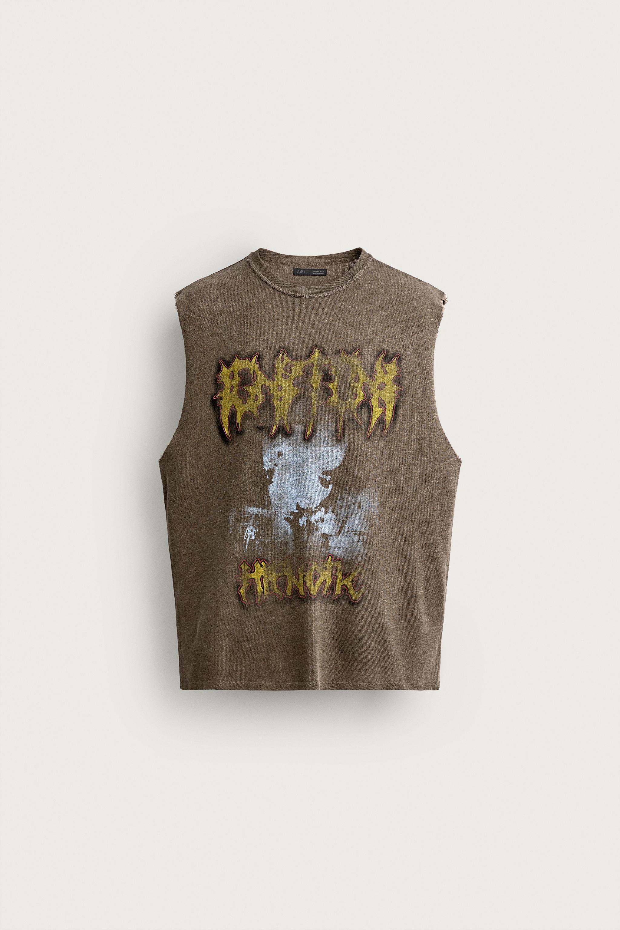 WASHED GRAPHIC KNIT TANK TOP — Brown